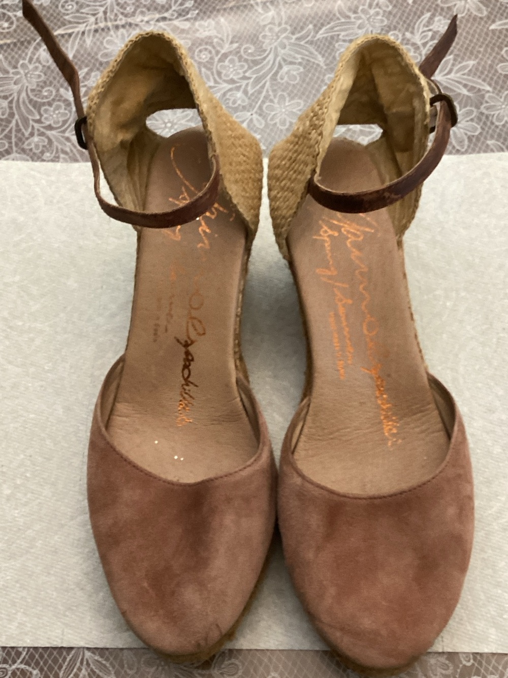 Hand made Suede Tan Espadrille Wedge Sandals with Ankle Strap